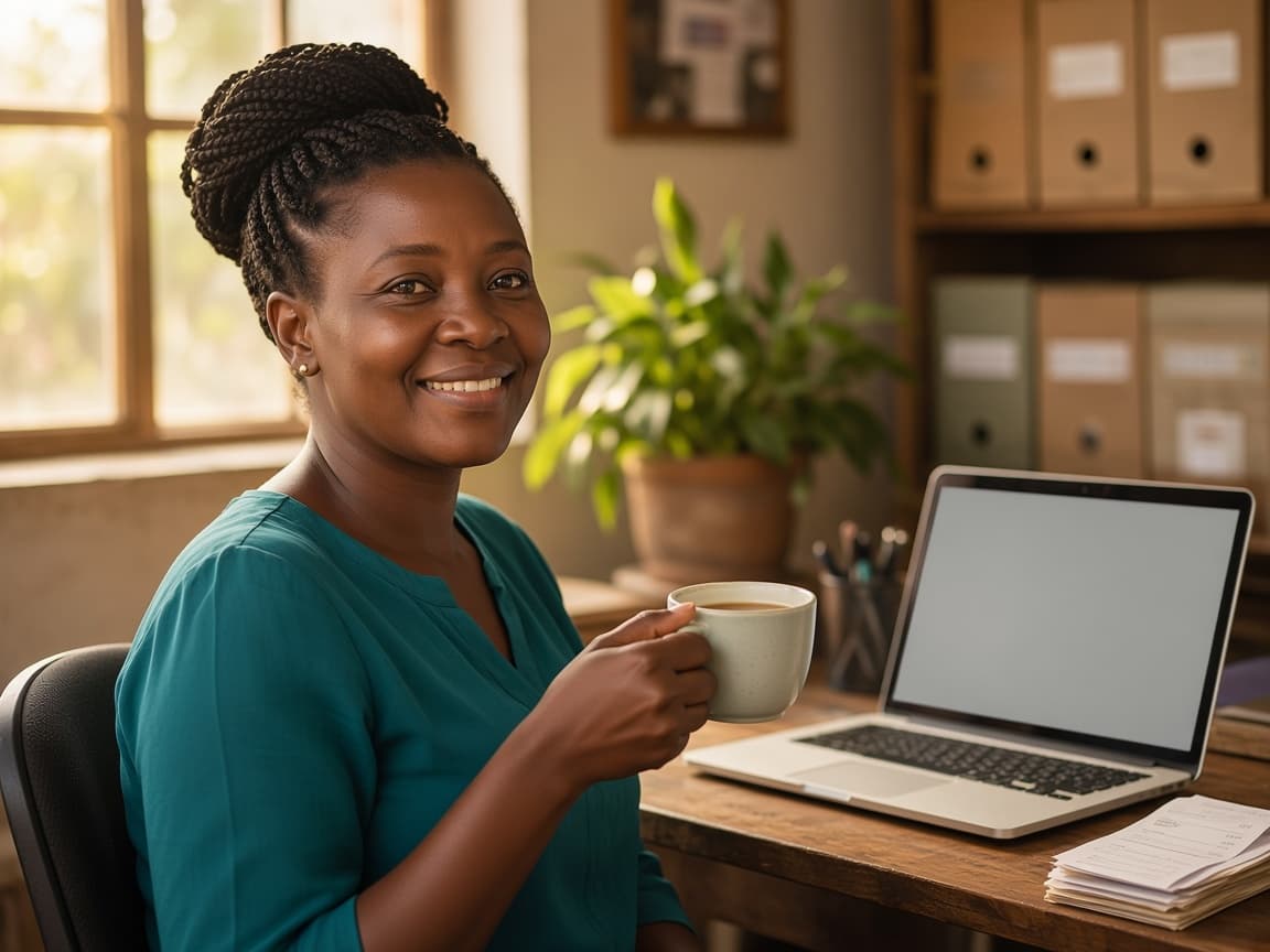 Achieng smiling over a cup of tea at her desk, laptop open